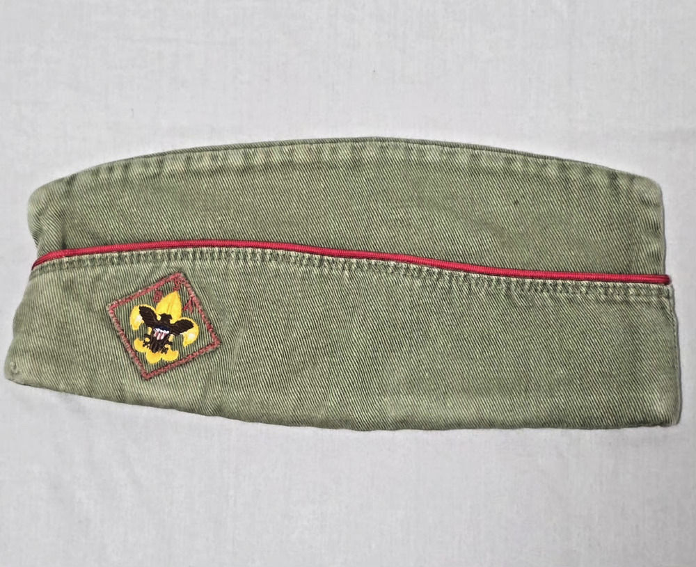 Vintage Boy Scouts of America BSA Garrison Field Cap Green Olive Piping Sz Large